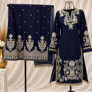 3pc Navy Blue and Turquoise Linen sharara trouser short shirt suit Large