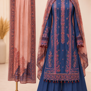 3 pc Royal blue Embroidery with sharara trouser silk dupatta large