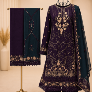 3pc embroidered chiffon purple suit with green contrasting duppatta Large