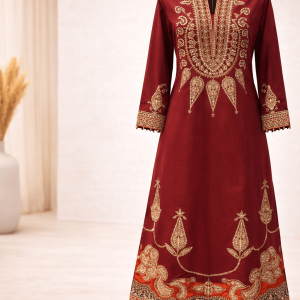 2pc Maroon Kaftan with trouser with aplique embroidery