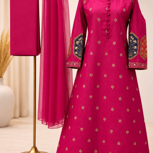 3 Pc Hot pink Embroidered